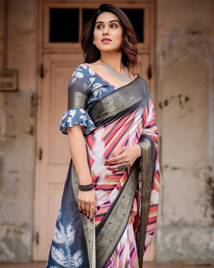 Pure Silk Digitally Printed Saree Weaved With Golden Zari Comes With Tassels - Almaari Fashion