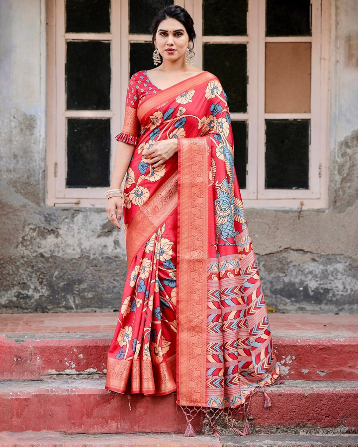 Pure Silk Digitally Printed Saree Weaved With Golden Zari Comes With Tassels - Almaari Fashion