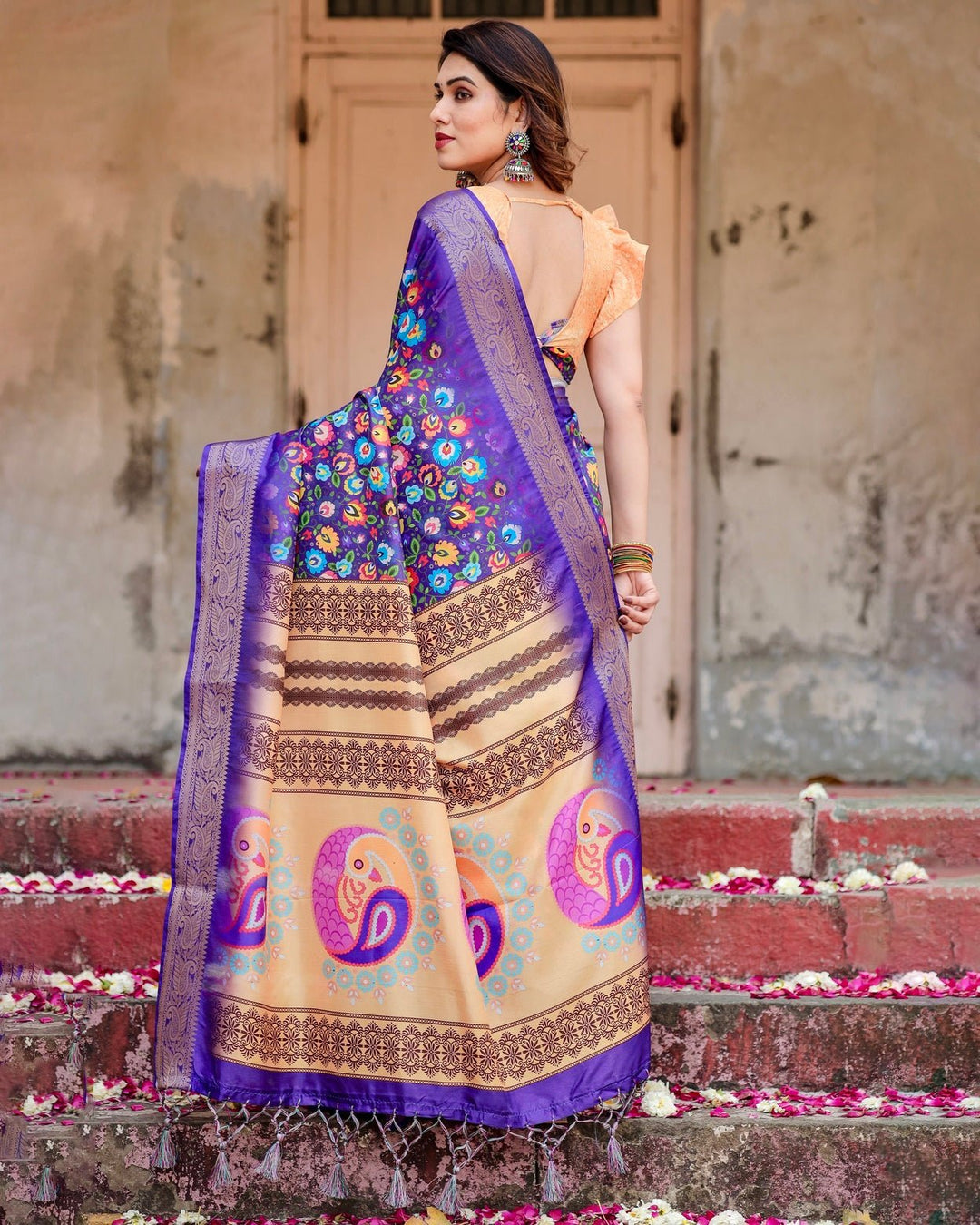 Pure Silk Digitally Printed Saree Weaved With Golden Zari Comes With Tassels - Almaari Fashion