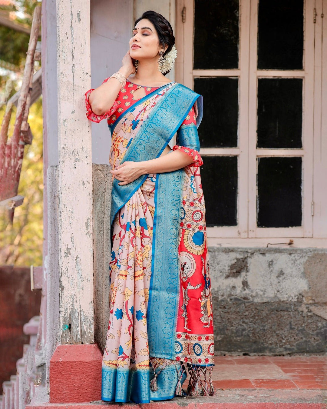 Pure Silk Digitally Printed Saree Weaved With Golden Zari Comes With Tassels - Almaari Fashion