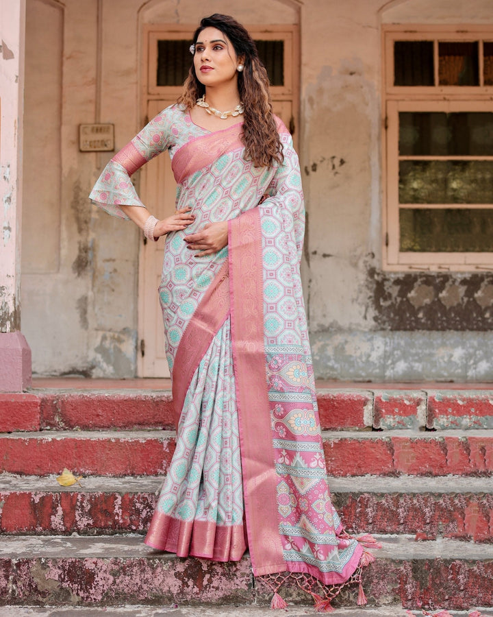 Pure Silk Digitally Printed Saree Weaved With Golden Zari Comes With Tassels - Almaari Fashion