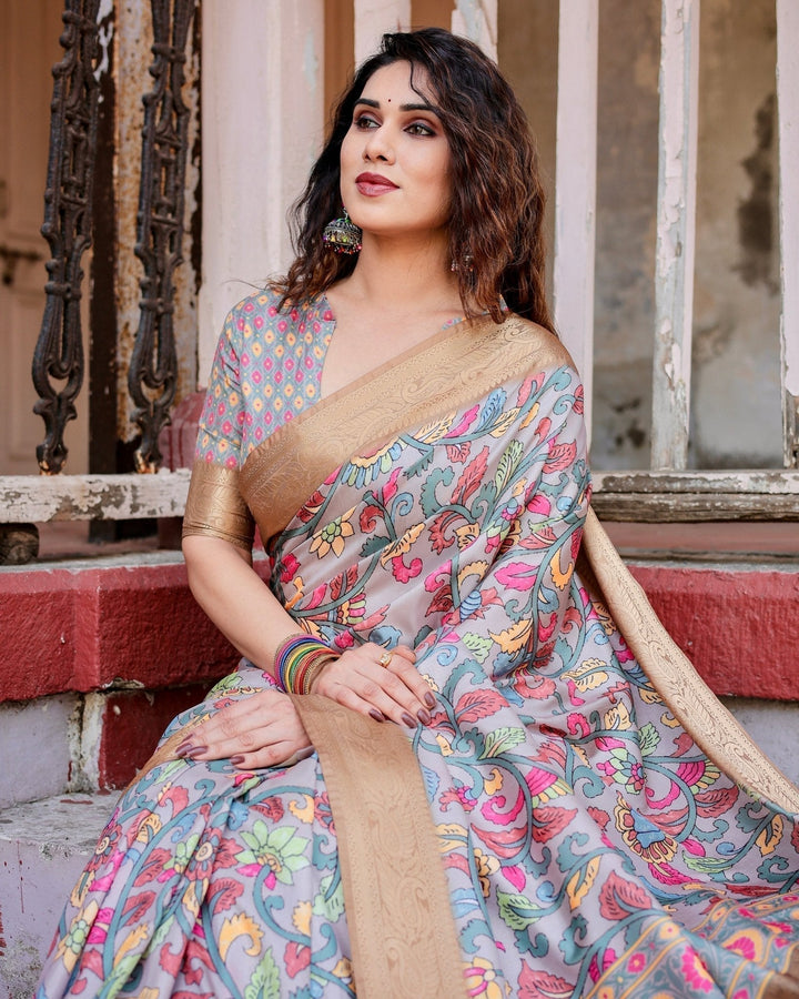 Pure Silk Digitally Printed Saree Weaved With Golden Zari Comes With Tassels - Almaari Fashion