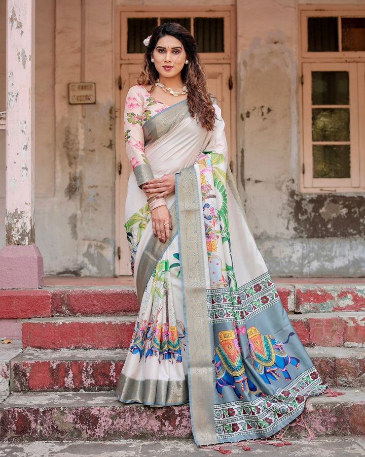 Pure Silk Digitally Printed Saree Weaved With Golden Zari Comes With Tassels - Almaari Fashion