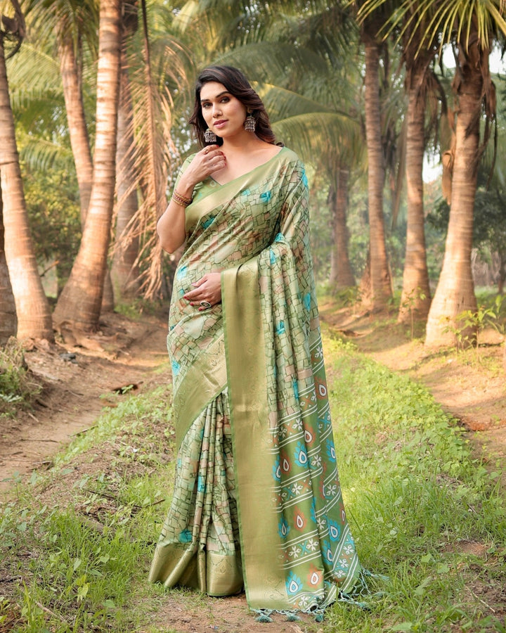 Pure Silk Digitally Printed Saree Weaved With Golden Zari Comes With Tassels - Almaari Fashion