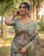 Graceful Olive Green Tussar Silk Saree with Intricate Beige and Maroon Botanical Print and Zari Border