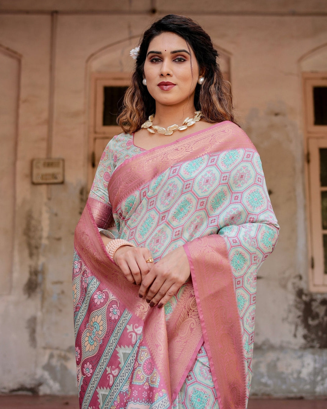 Pure Silk Digitally Printed Saree Weaved With Golden Zari Comes With Tassels - Almaari Fashion