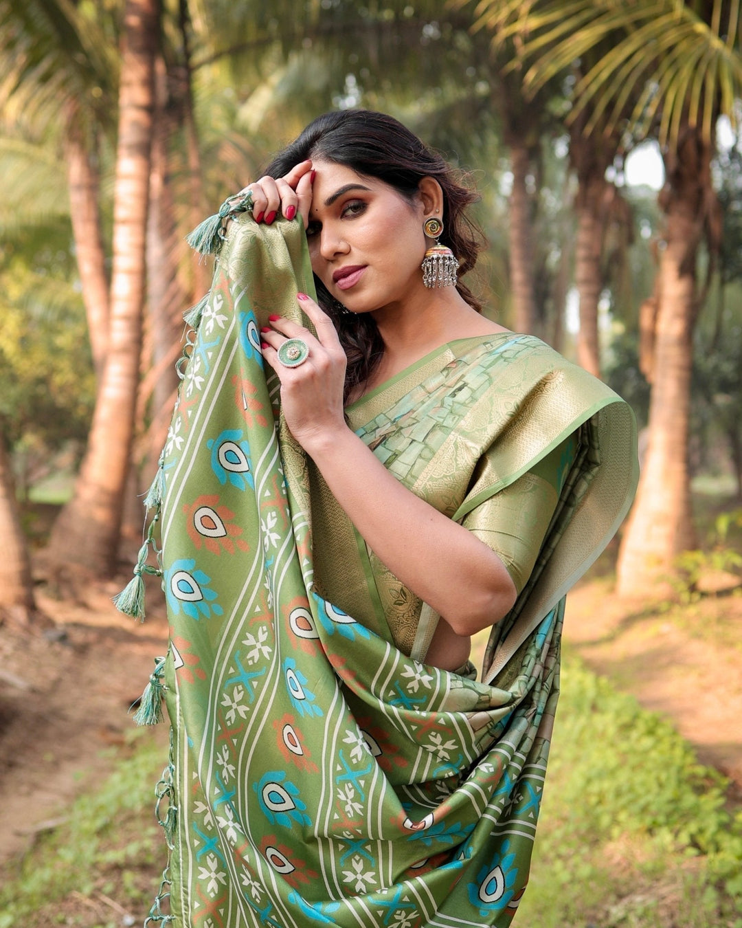 Pure Silk Digitally Printed Saree Weaved With Golden Zari Comes With Tassels - Almaari Fashion