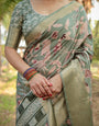 Graceful Olive Green Tussar Silk Saree with Intricate Beige and Maroon Botanical Print and Zari Border