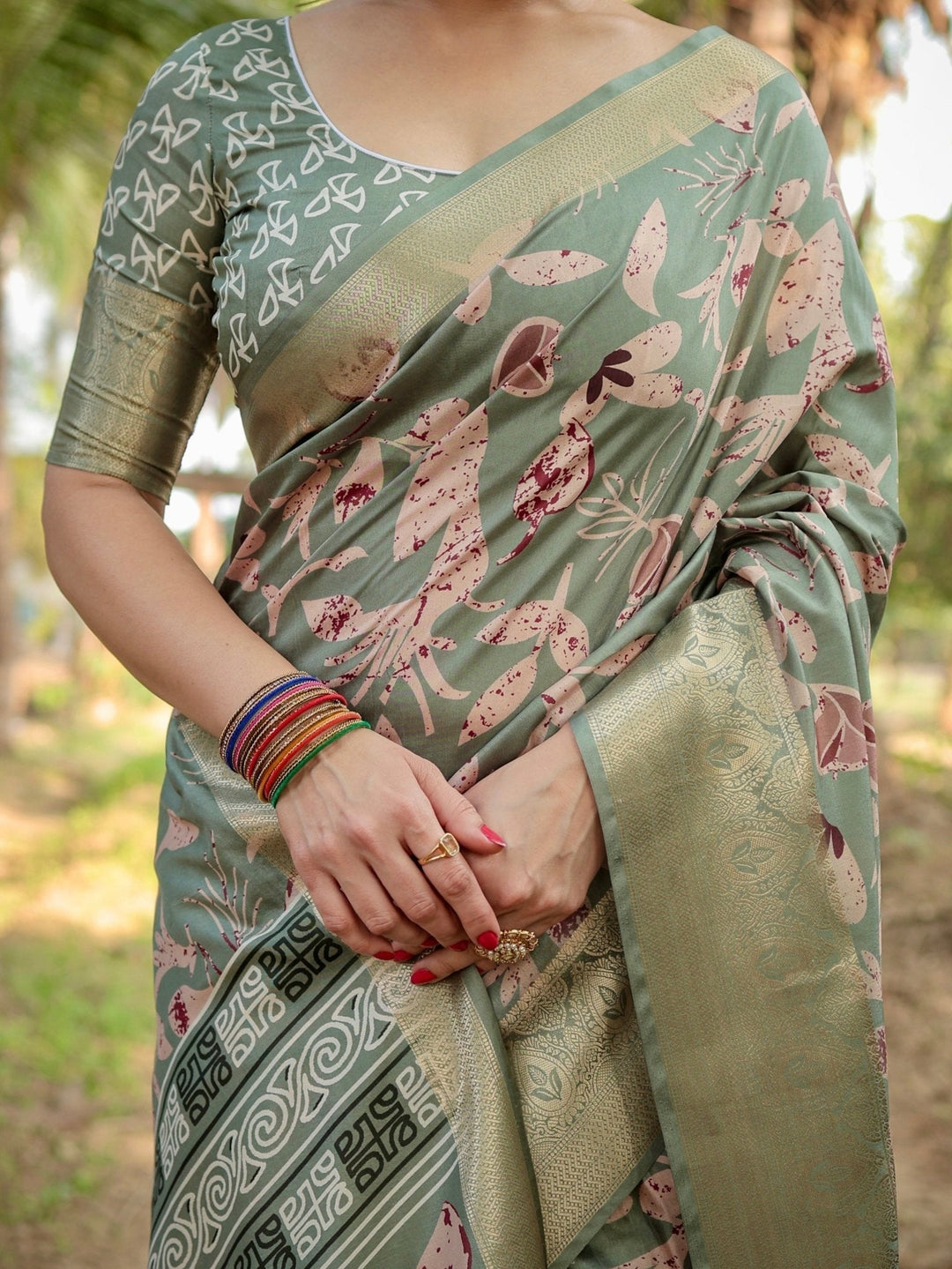 Pure Silk Digitally Printed Saree Weaved With Golden Zari Comes With Tassels - Almaari Fashion