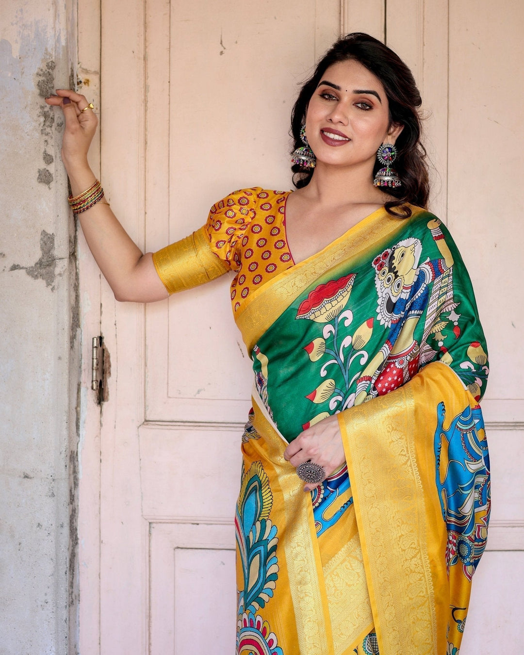 Pure Silk Digitally Printed Saree Weaved With Golden Zari Comes With Tassels - Almaari Fashion