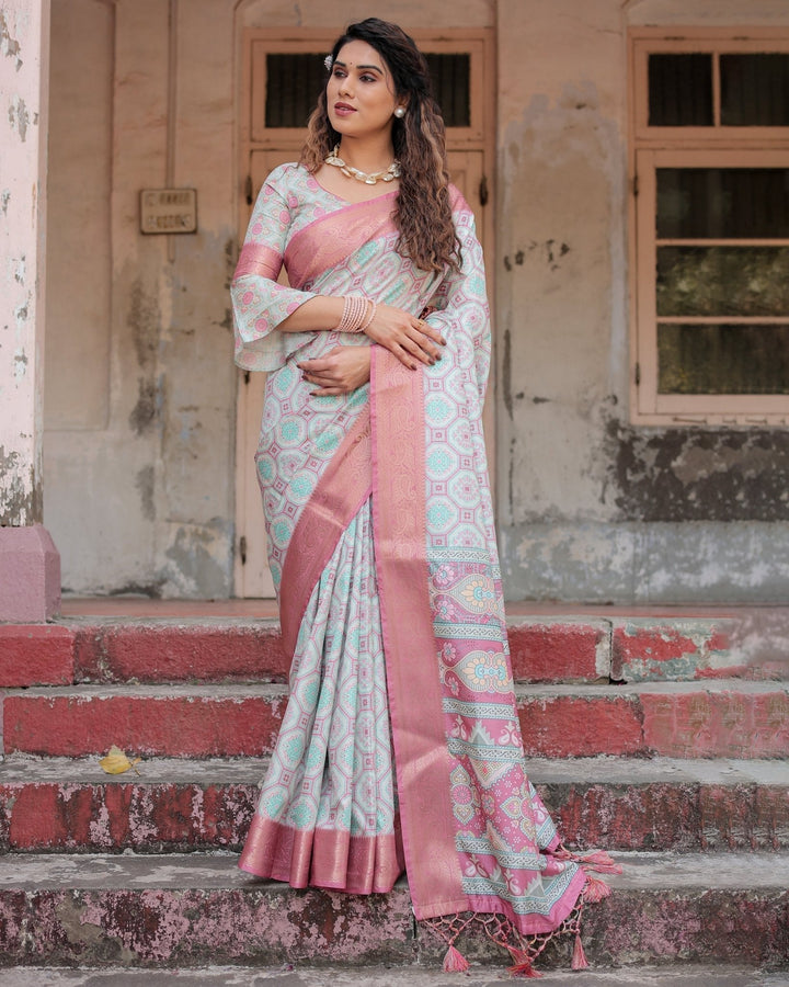 Pure Silk Digitally Printed Saree Weaved With Golden Zari Comes With Tassels - Almaari Fashion