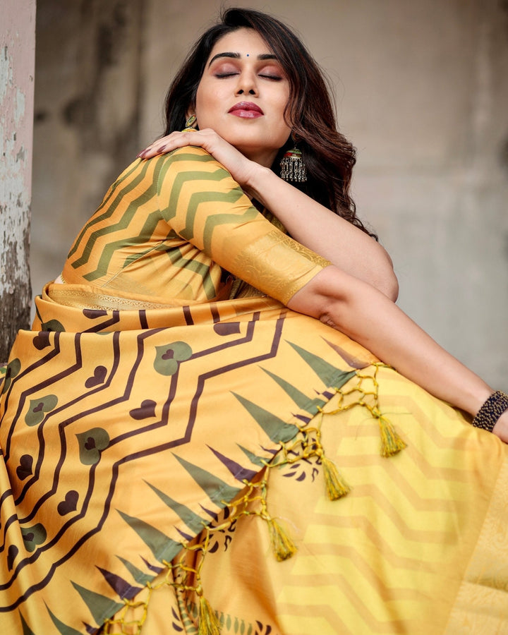 Pure Silk Digitally Printed Saree Weaved With Golden Zari Comes With Tassels - Almaari Fashion