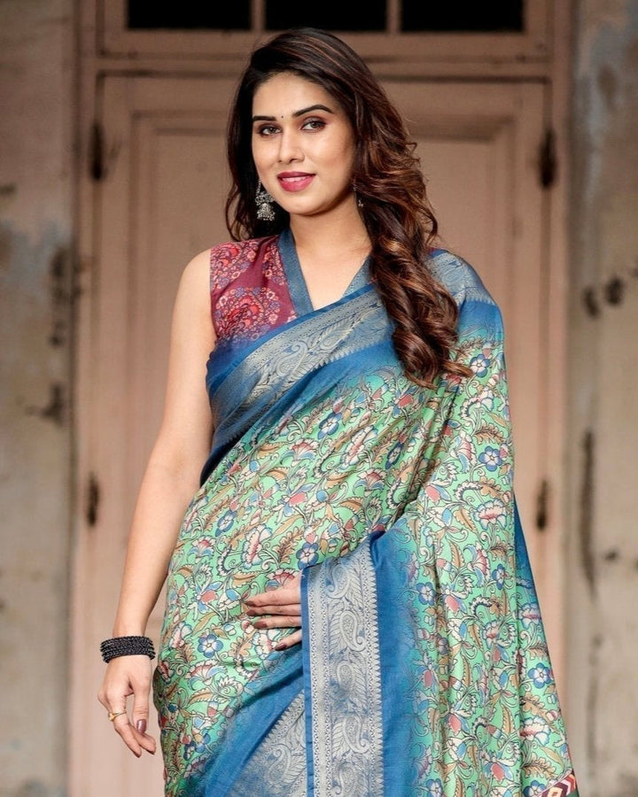 Pure Silk Digitally Printed Saree Weaved With Golden Zari Comes With Tassels - Almaari Fashion