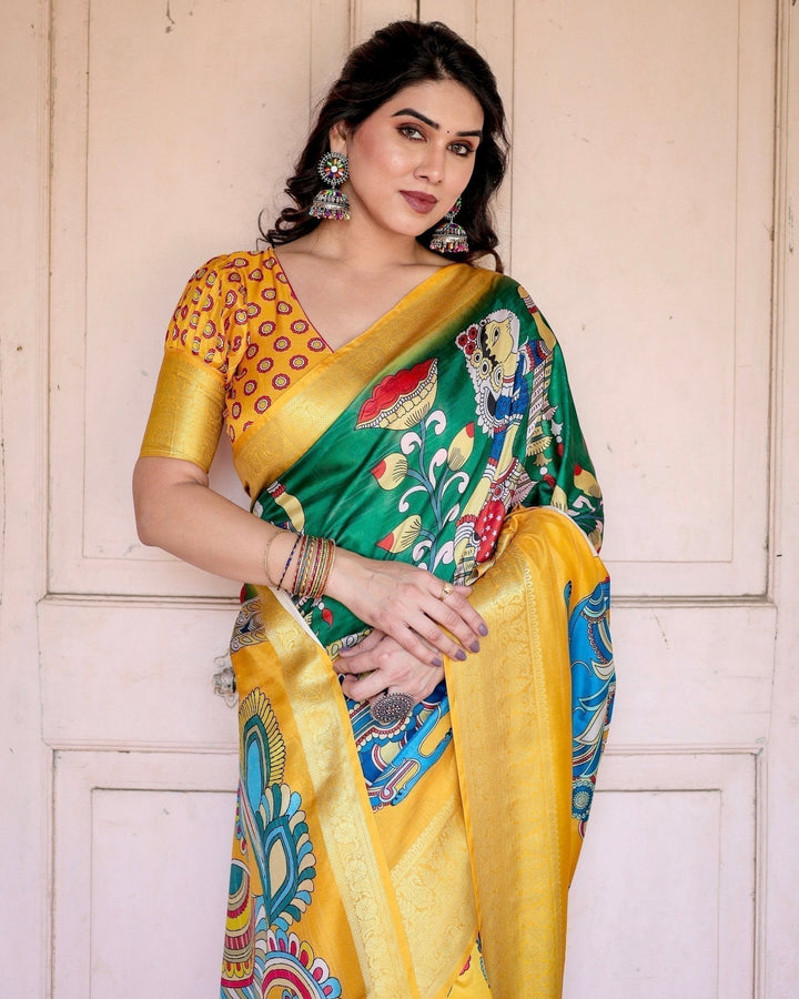 Pure Silk Digitally Printed Saree Weaved With Golden Zari Comes With Tassels - Almaari Fashion