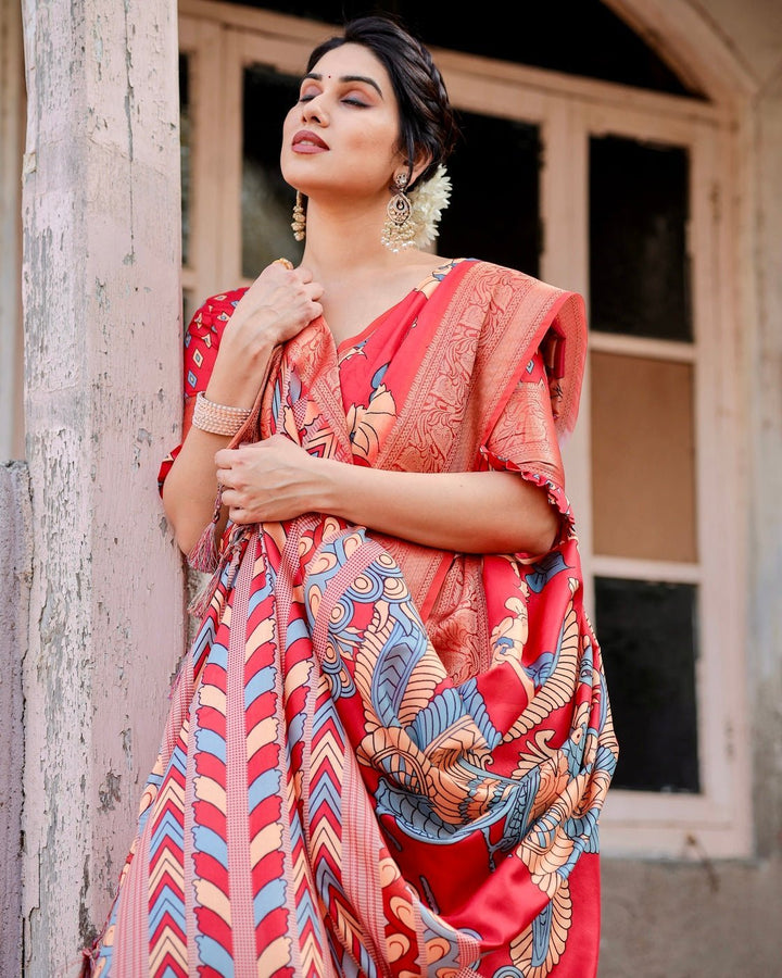 Pure Silk Digitally Printed Saree Weaved With Golden Zari Comes With Tassels - Almaari Fashion