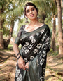 Elegant Black Tussar Silk Saree with Zari Embellished Border and Bold Floral Pallu