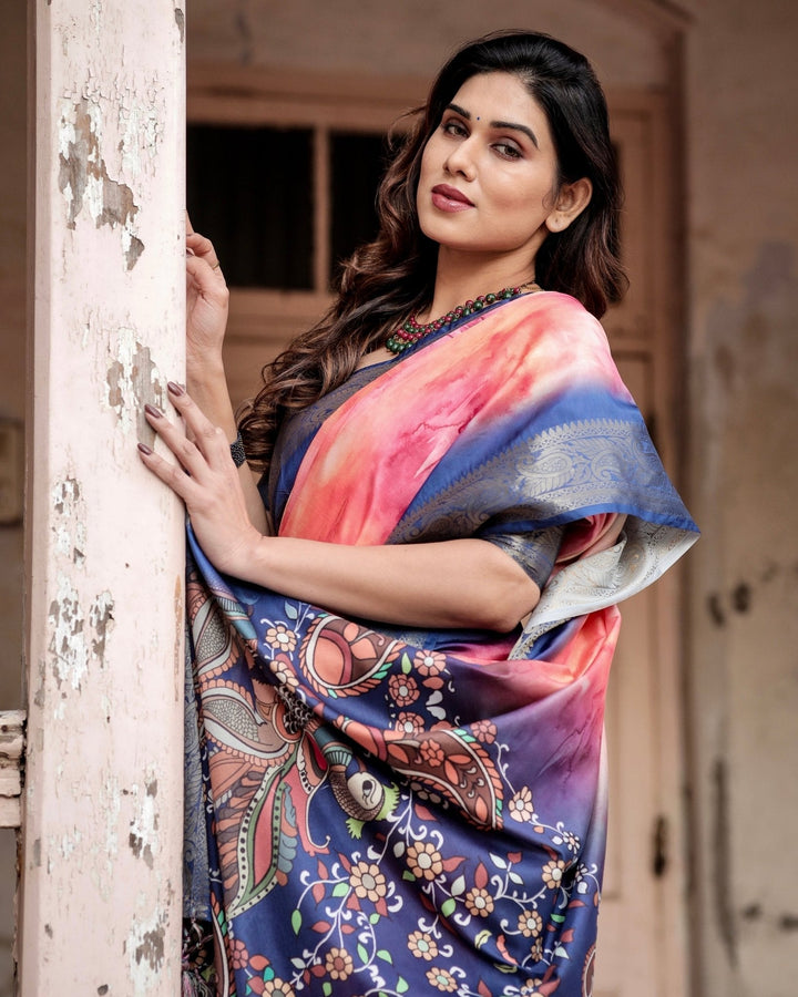 Pure Silk Digitally Printed Saree Weaved With Golden Zari Comes With Tassels - Almaari Fashion