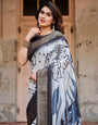 Monochrome Abstract Tussar Silk Saree with Charcoal Gray Zari Border