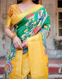 Golden Yellow Tussar Silk Saree with Vibrant Peacock Kalamkari Motifs