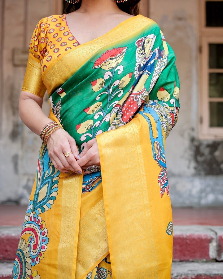 Pure Silk Digitally Printed Saree Weaved With Golden Zari Comes With Tassels - Almaari Fashion