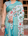 Sky Blue Tussar Silk Saree with Multicolor Floral Design and Zari Paisley Border