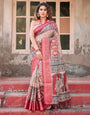 Beige and Red Tussar Silk Saree with Traditional Motifs and Ornamental Zari Border