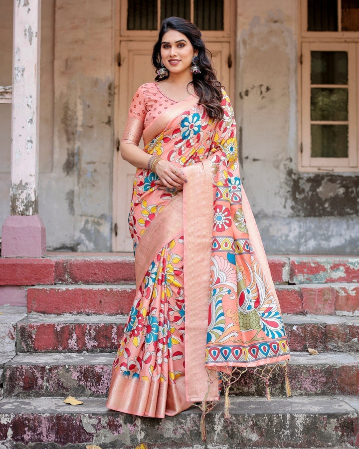 Pure Silk Digitally Printed Saree Weaved With Golden Zari Comes With Tassels - Almaari Fashion