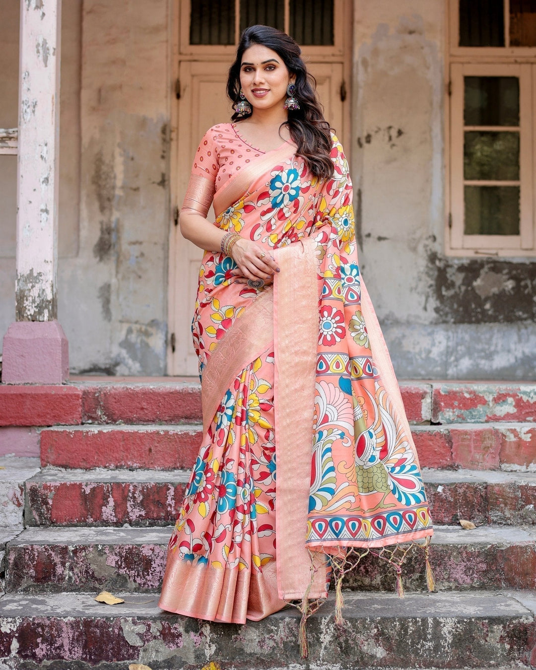 Pure Silk Digitally Printed Saree Weaved With Golden Zari Comes With Tassels - Almaari Fashion