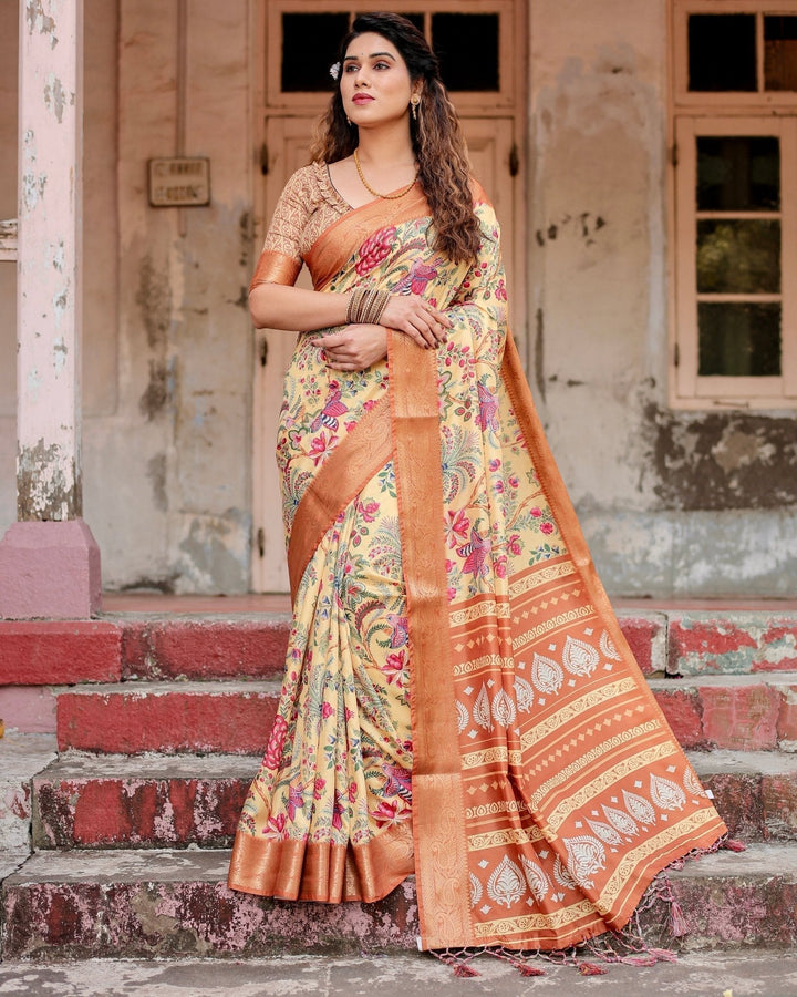 Pure Silk Digitally Printed Saree Weaved With Golden Zari Comes With Tassels - Almaari Fashion