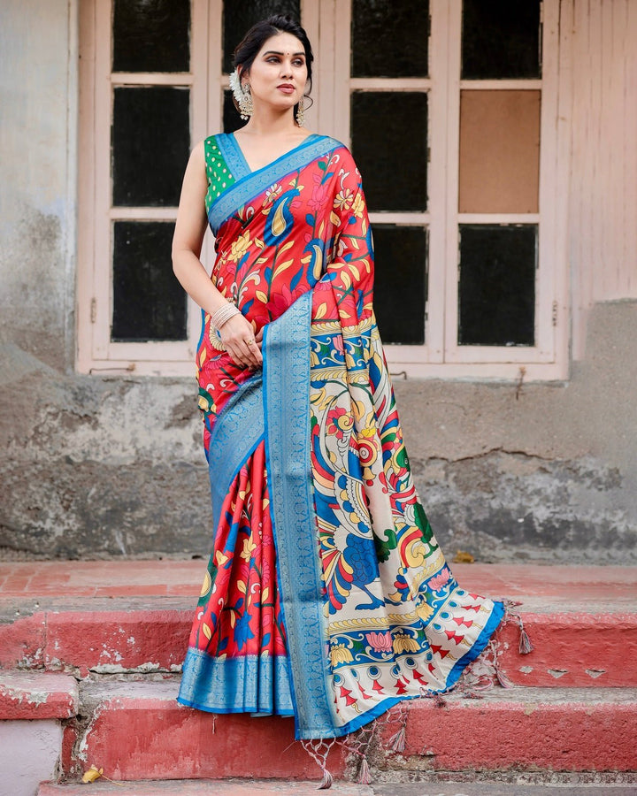 Pure Silk Digitally Printed Saree Weaved With Golden Zari Comes With Tassels - Almaari Fashion