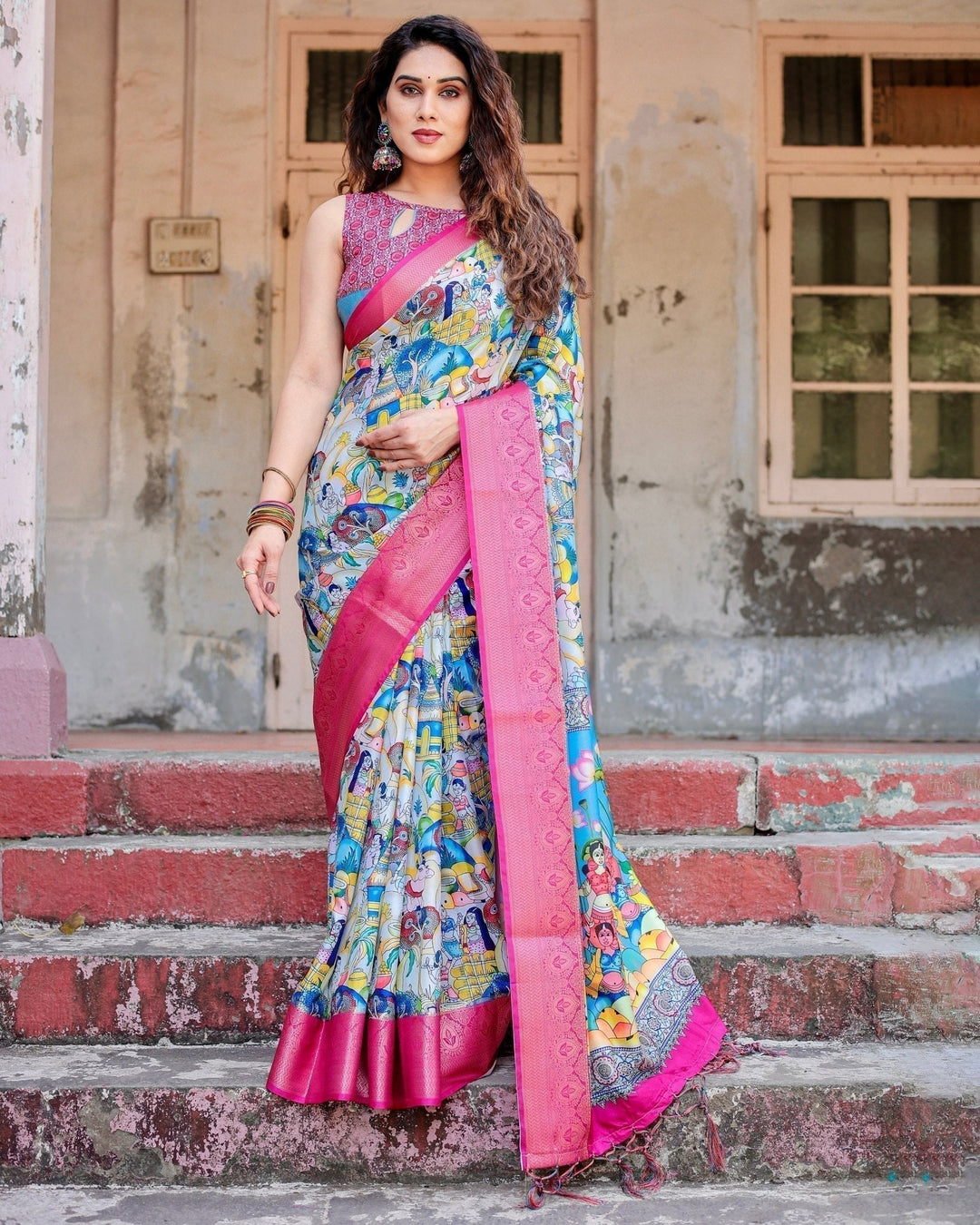 Pure Silk Digitally Printed Saree Weaved With Golden Zari Comes With Tassels - Almaari Fashion