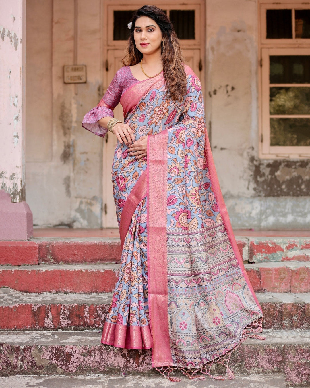 Pure Silk Digitally Printed Saree Weaved With Golden Zari Comes With Tassels - Almaari Fashion