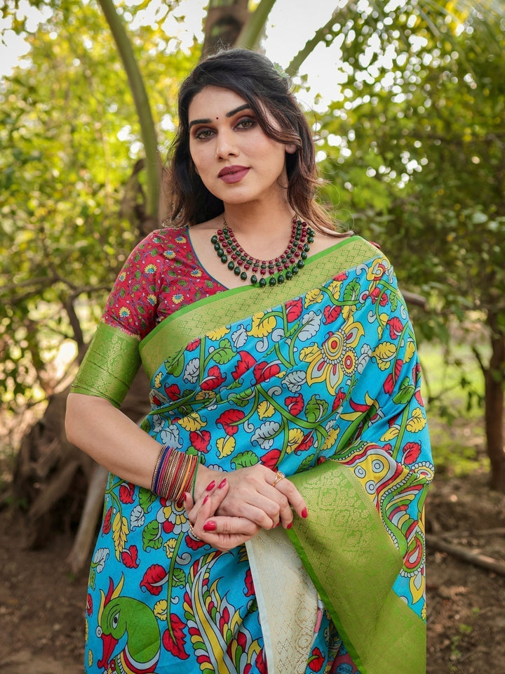 Pure Silk Digitally Printed Saree Weaved With Golden Zari Comes With Tassels - Almaari Fashion