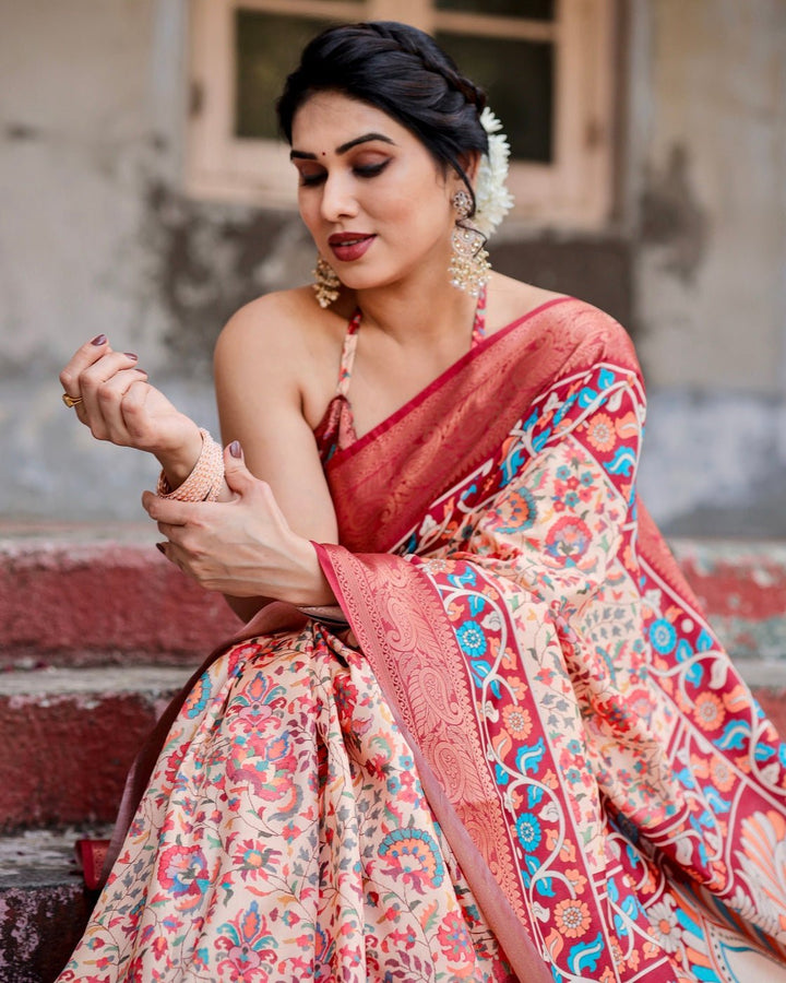 Pure Silk Digitally Printed Saree Weaved With Golden Zari Comes With Tassels - Almaari Fashion