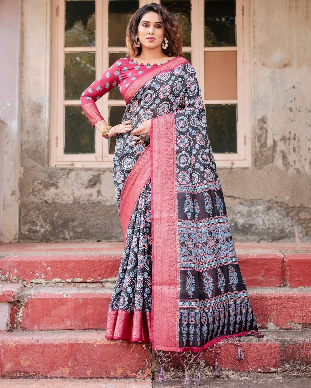 Pure Silk Digitally Printed Saree Weaved With Golden Zari Comes With Tassels - Almaari Fashion