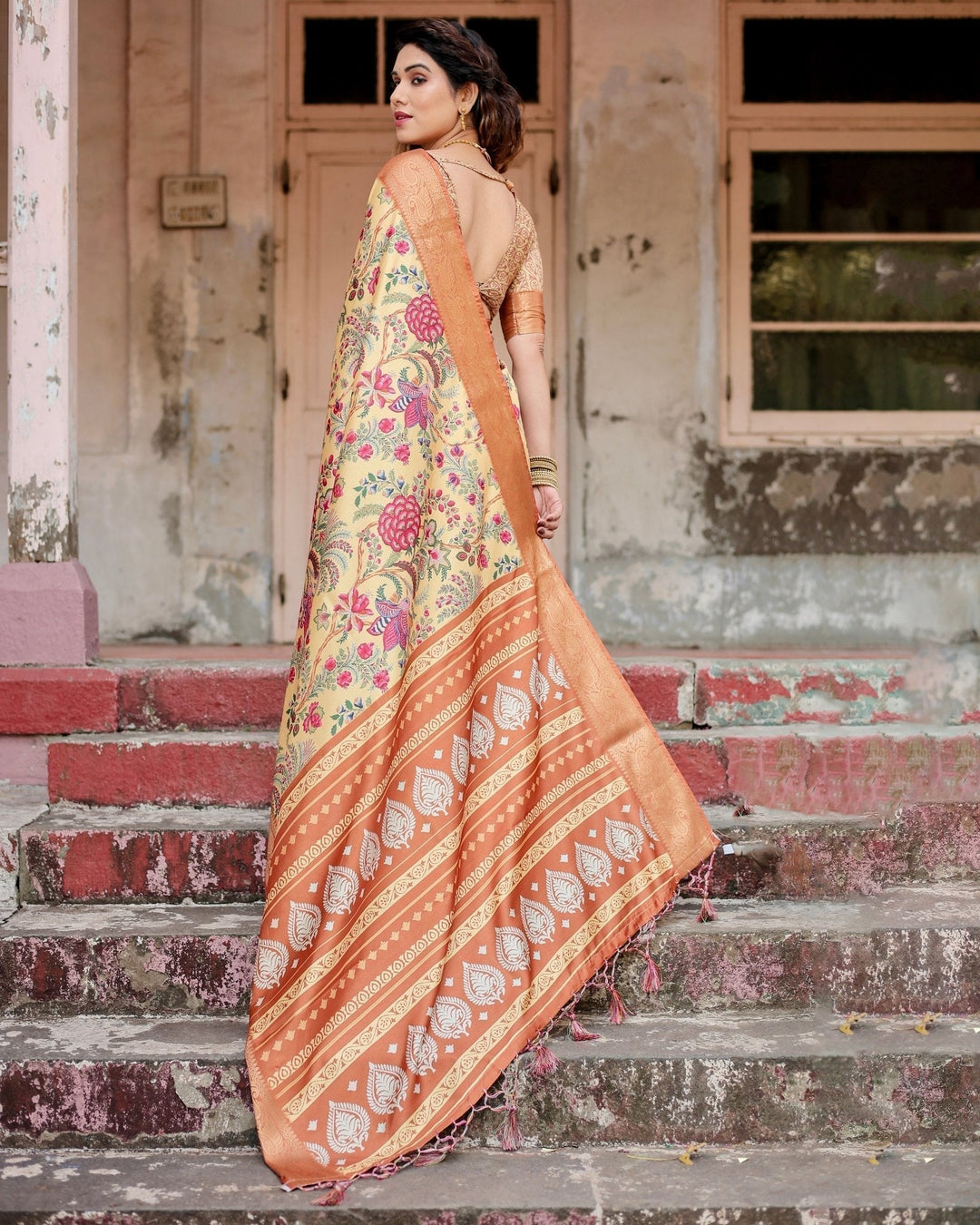 Pure Silk Digitally Printed Saree Weaved With Golden Zari Comes With Tassels - Almaari Fashion