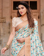 Contemporary Beige Tussar Silk Saree with Geometric Triangle Print and Golden Zari Border