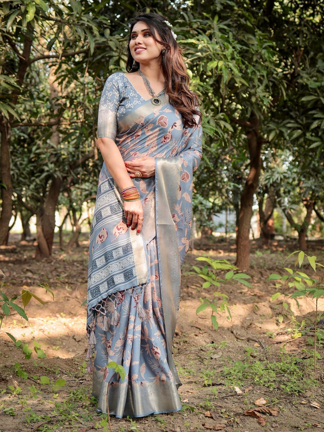 Pure Silk Digitally Printed Saree Weaved With Golden Zari Comes With Tassels - Almaari Fashion