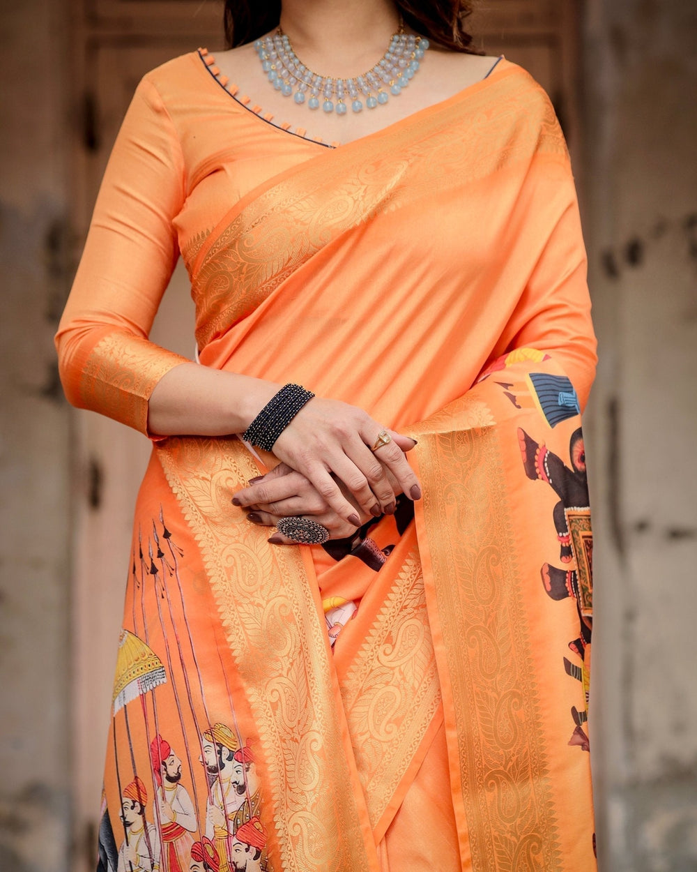 Pure Silk Digitally Printed Saree Weaved With Golden Zari Comes With Tassels - Almaari Fashion