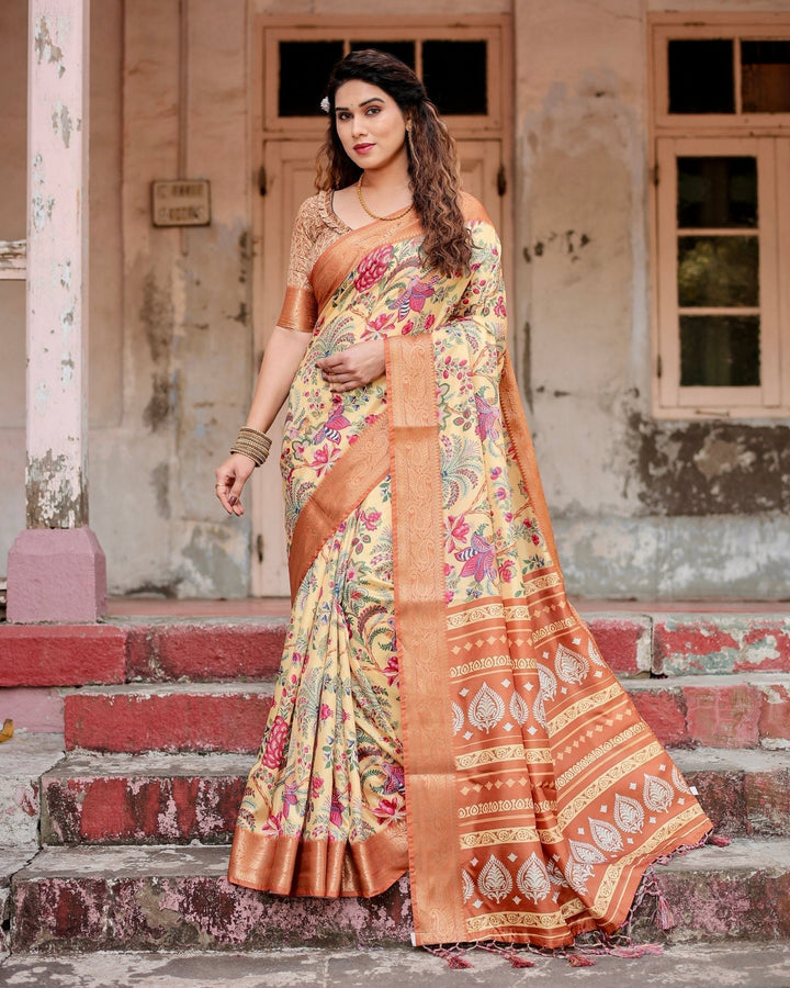 Pure Silk Digitally Printed Saree Weaved With Golden Zari Comes With Tassels - Almaari Fashion