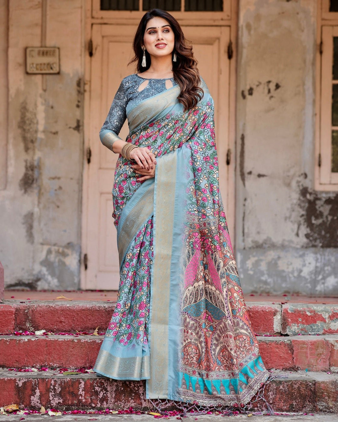 Pure Silk Digitally Printed Saree Weaved With Golden Zari Comes With Tassels - Almaari Fashion