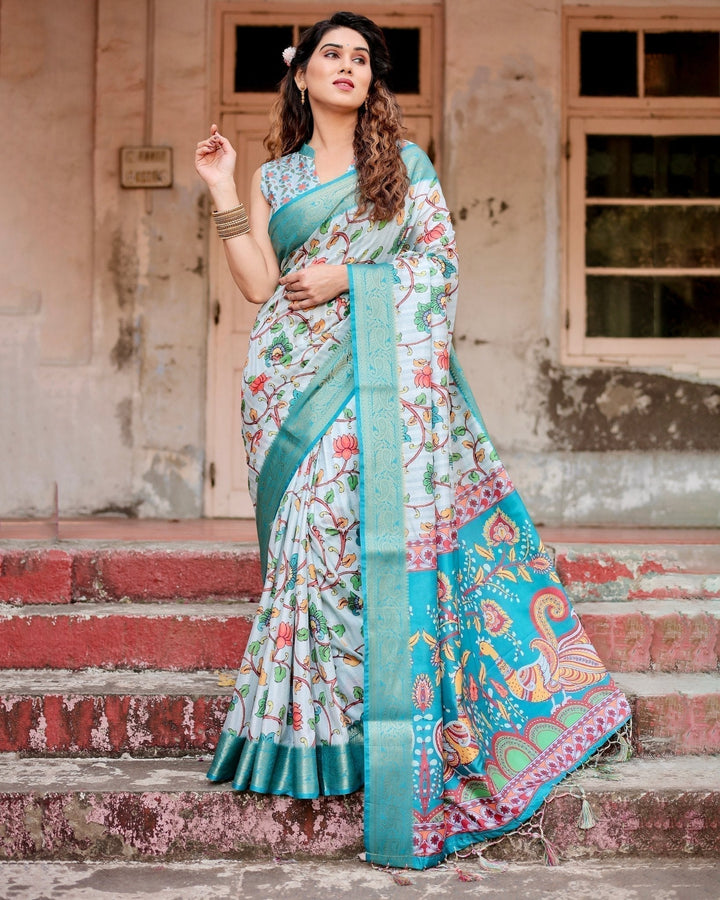 Pure Silk Digitally Printed Saree Weaved With Golden Zari Comes With Tassels - Almaari Fashion