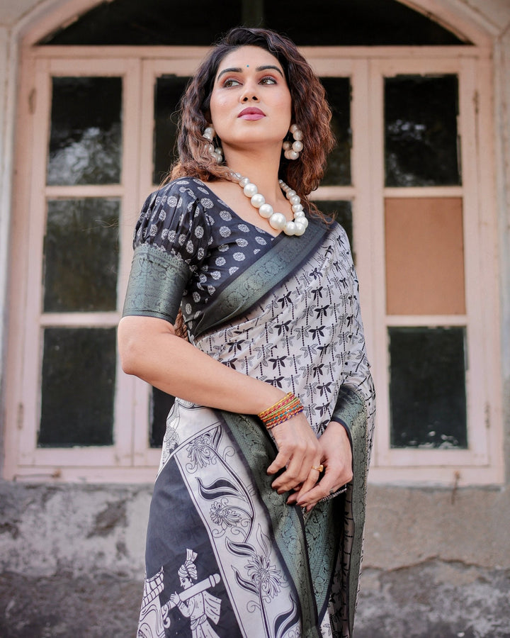 Pure Silk Digitally Printed Saree Weaved With Golden Zari Comes With Tassels - Almaari Fashion