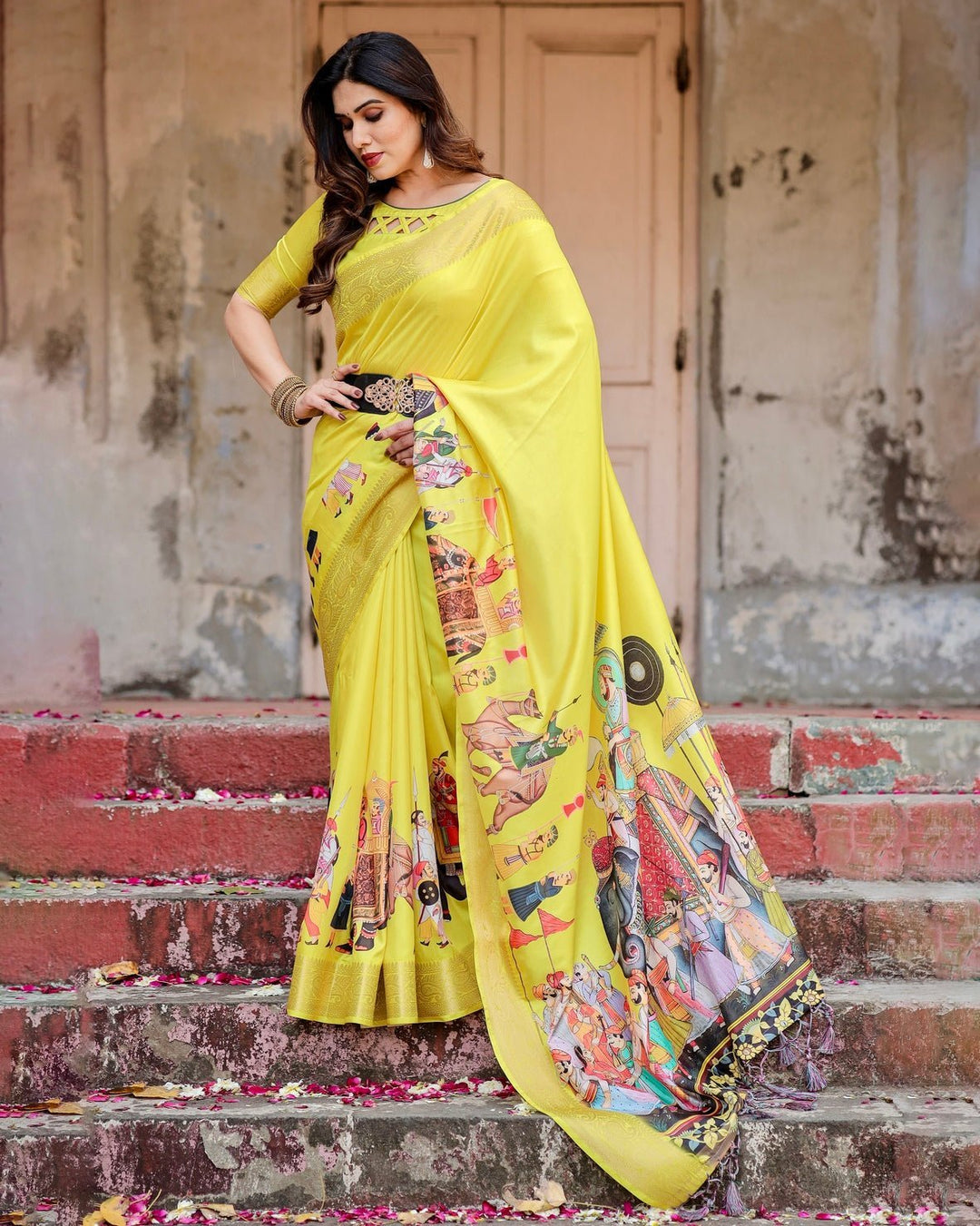 Pure Silk Digitally Printed Saree Weaved With Golden Zari Comes With Tassels - Almaari Fashion