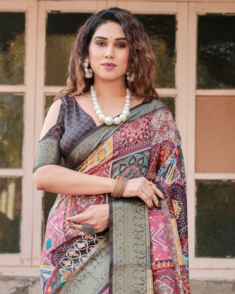 Pure Silk Digitally Printed Saree Weaved With Golden Zari Comes With Tassels - Almaari Fashion