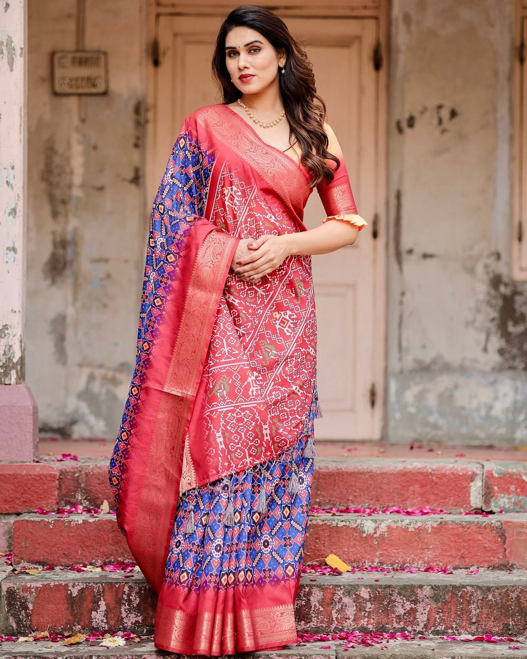 Pure Silk Digitally Printed Saree Weaved With Golden Zari Comes With Tassels - Almaari Fashion