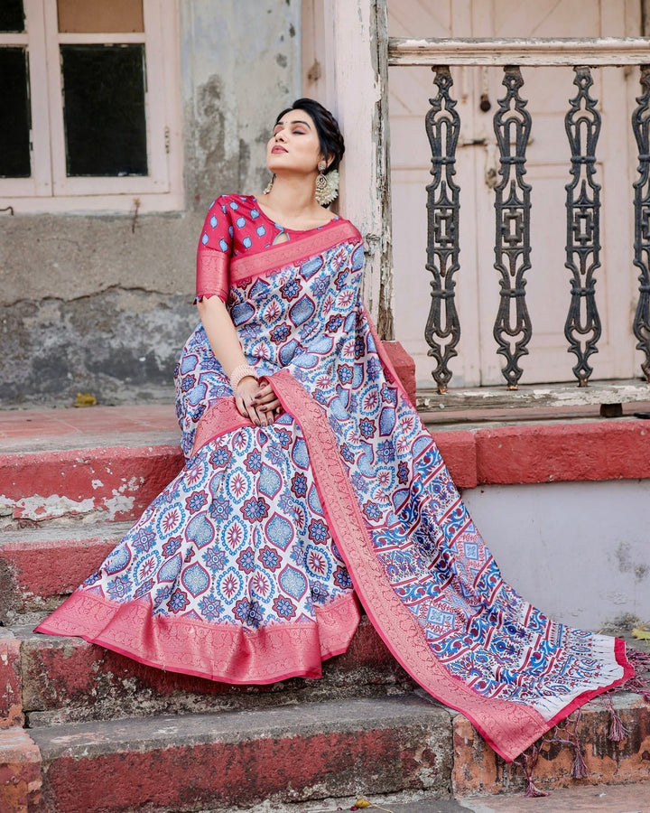 Pure Silk Digitally Printed Saree Weaved With Golden Zari Comes With Tassels - Almaari Fashion