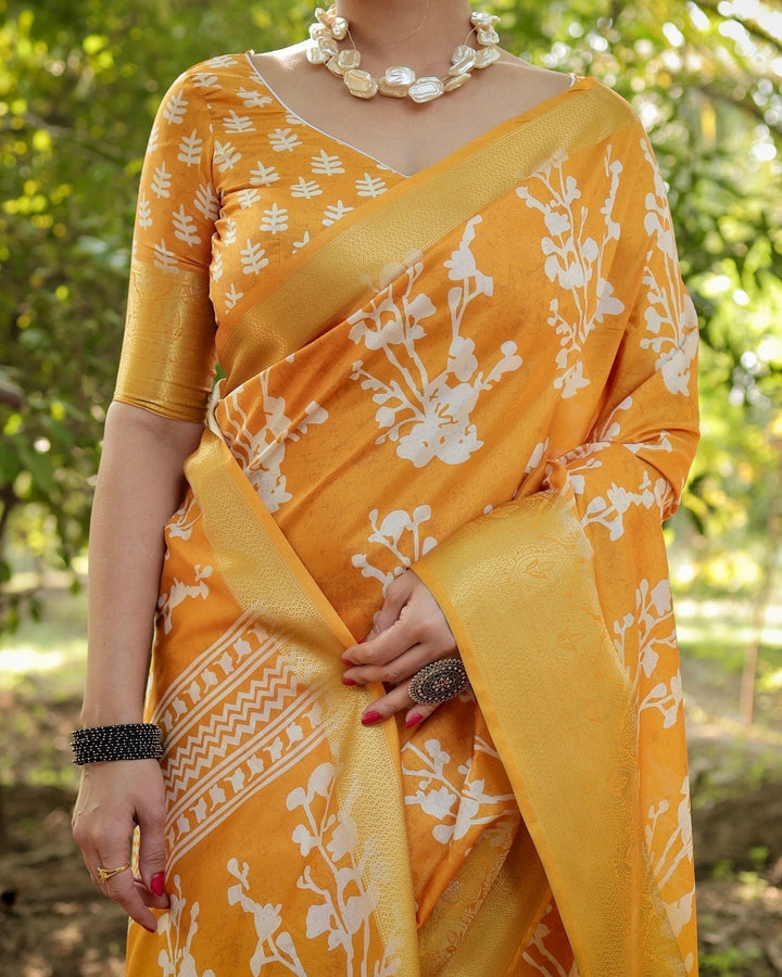 Pure Silk Digitally Printed Saree Weaved With Golden Zari Comes With Tassels - Almaari Fashion