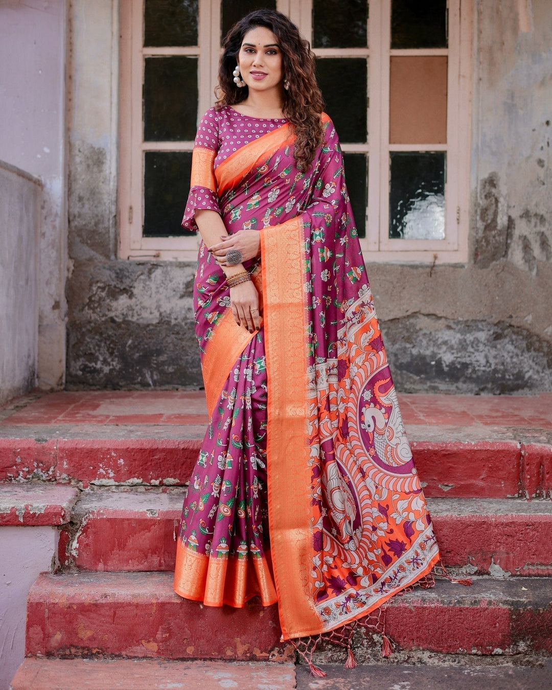 Pure Silk Digitally Printed Saree Weaved With Golden Zari Comes With Tassels - Almaari Fashion