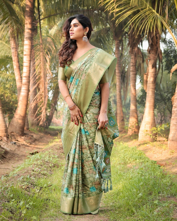 Pure Silk Digitally Printed Saree Weaved With Golden Zari Comes With Tassels - Almaari Fashion